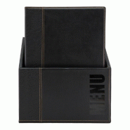 Box carte menu simili cuir noir 28x20x35 cm + 20 cartes A4 de 4 pages 24x31.5 cm