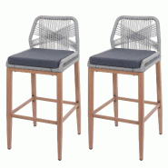 Décoshop26 - Lot de 2 tabourets de bar extérieur avec dossier cordage élastique décoratif gris clair et repose-pieds structure 04_0009640 - 300026