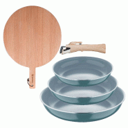 BERGNER - Ensemble de 3 poêles Ø18/20/24 cm en aluminium embouti recyclé vert avec poignée amovible et planche à découper ronde en bois de hêtr