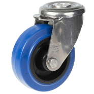 Roulette pivotante de 100 mm en acier inoxydable avec caoutchouc élastique bleu sur roue centrale en nylon. Roulette pivotante de 100 mm en acier inoxydable avec caoutchouc élastique bleu sur roue centrale en nylon.