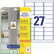 Avery Zweckform 540 étiquettes ultra-adhésives Laser blanches, format 63,5 x 29,6 mm (20 feuilles / cdt) - L7874-20