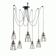 Mendler Suspension HWC-H81, Lampe à suspendre Lampe à suspendre, métal industriel hauteur réglable noir ~ 7x abat-jour cage - noir métal 74191