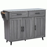 Merax Chariot de cuisine 129x46-71x91.5 cm, îlot mobile avec plan rabattable, 3 portes et 2 tiroirs, roulettes/pieds bois, gris - gris Bois manufactu