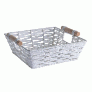 Panier carré blanc en papier tressé avec anses en bois - L.26xP.26xH 9cm