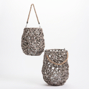 Photophores rattan gris Ø 26 x H 34 + Ø 23 x H 27 cm