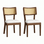 Merax lot de 2 chaises de salle à manger 50 x 58 x 88 cm en bois massif avec dossier en rotin et coussins en lin aspect noyer et beige - multicolore