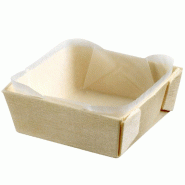 Mini barquette carrée bois naturel avec papier cuisson blanc 45ml - par 300