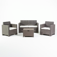 RATTATAN Salon de jardin SALINA en résine effet rotin avec coussins déhoussables, comprenant un canapé deux places, deux fauteuils et une table cof