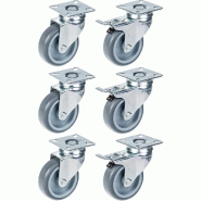 Roulette 75mm 3" en caoutchouc gris, pivotante et avec frein, capacité 360kg, jeu de 6 Roulette 75mm 3" en caoutchouc gris, pivotante et avec frein, capacité 360kg, jeu de 6