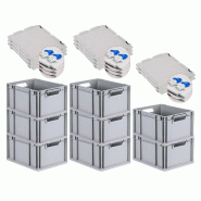 PROREGAL 8x Bac Euro NextGen Economy couvercle à charnières, fermetures à glissière bleues, poignées ouvertes, 22x30x40cm, 20L - noir plastique R