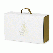 Valisette carton texturé blanc Sapin or poignées ruban or 33,5x20x10,5cm - par 1