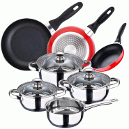 San Ignacio - Batterie de cuisine Faro : 4 marmites avec couvercles et 3 poêles (Ø16/20/24 cm) en acier inoxydable/aluminium embouti - PK3364