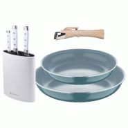 BERGNER - Ensemble 2 poêles Ø22/26cm aluminium embouti vert adapté induction avec poignée amovible et Ensemble 3 couteaux acier inoxydable avec bl