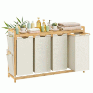 Helloshop26 - Panier à linge avec 4 compartiments corbeille à linge sale en bambou capacité de 200 litres avec étagère poches 12_0007979 - Bambou