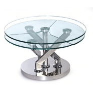 TABLE BASSE CARROUSEL À PLATEAUX PIVOTANTS EN VERRE ET ACIER CHROMÉ