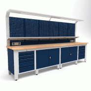 Établi d'atelier industriel 3560 mm PRACO W T74 - Plateau en hêtre massif - Éclairage LED - Tiroirs et armoire MW Tools PRAW3500T74