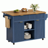 Merax Îlot de cuisine sur roulettes 120x45 cm, desserte avec plateau rabattable, rangements, porte-épices, porte-serviettes, 2 tiroirs, bleu marine