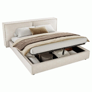 Merax Lit rembourré 180x200 cm, lit double beige en chenille avec coffre hydraulique, sommier à lattes et tête de lit rembourrée 12 cm - beige mul
