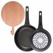 BERGNER - Jeu de 2 Poêles Ø24/28 cm en Aluminium Coulé avec Manche en Bakélite et Planche à Découper Ronde 38x28x1,5 cm en Bois de Hêtre - PK9830