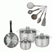 Lot 1 Poêle 20cm & 3 Faitouts 16/20/24cm Fackelmann Geneva avec 5 ustensiles - gris inox 3176239921885 Lot 1 Poêle 20cm & 3 Faitouts 16/20/24cm Fackelmann Geneva avec 5 ustensiles - gris inox 3176239921885