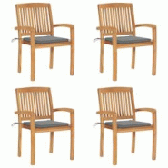 VidaXL Chaises De Jardin Empilables Avec Coussins Lot De 4 Teck Solide - gris 3073211 VidaXL Chaises De Jardin Empilables Avec Coussins Lot De 4 Teck Solide - gris 3073211