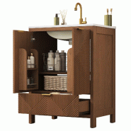 Merax Meuble sous-vasque sur pied , meuble de salle de bain avec lavabo en céramique, façade ondulée et tiroir, 61 x 47 x 87 cm, coloris bois noyer
