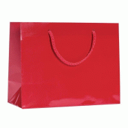 Sac Luxe pelliculé rouge - 23x10x18cm - par 12 - format paysage avec poignées cordelières