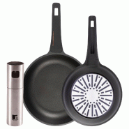 BERGNER - Jeu de 2 Poêles Ø24/28cm en Aluminium moulé avec poignée en bakélite et Vaporisateur d’Huile/Vinaigre Ø4x17,5cm en Acier Inoxydable - PK9834