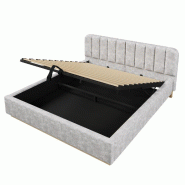 Merax Lit rembourré LED 180 x 200 cm, lit double avec sommier hydraulique, sommier à lattes, tête de lit rembourrée, housse en chenille, gris clai