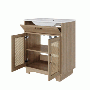 Merax lavabo 76x46x88cm, meuble de salle de bain sur pied avec lavabo en céramique, portes en rotin, compartiment rabattable, aspect bois naturel - m