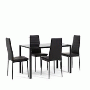 RATTATAN Ensemble de salle à manger avec 4 chaises et table rectangulaire, style moderne, plateau en verre trempé, chaises en similicuir – Ettore+