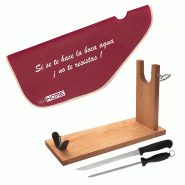Wellhome Well Home - Support à jambon en bois + set comprenant un couteau à jambon (25 cm), un fusil à aiguiser (21 cm) et une housse pour jambon �