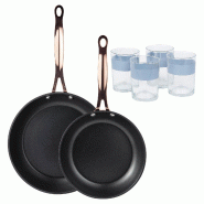 BERGNER - Ensemble de 2 Poêles Ø20/24 cm en Aluminium Forgé Noir Mat avec Ensemble de 4 Verres de 0,5 L - PK9541