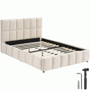 TecTake GmbH tectake lit rembourré Shirley, sommier à lattes, capacité charge 250 kg, 133x220x93 cm, aspect velours sable - beige Bois manufacturé