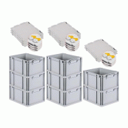 PROREGAL 8x Bac Euro NextGen Economy couvercle à charnières, fermetures à glissière jaunes, poignées fermées, 22x30x40cm, 20L - noir plastique R