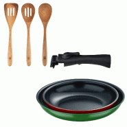BERGNER - Ensemble de 2 poêles Ø22/26 cm en aluminium embouti avec poignée amovible et ensemble de 3 ustensiles de cuisine en acacia - PK9630