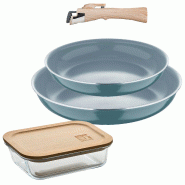 BERGNER - Jeu de 2 Poêles Ø22/26cm aluminium Embouti Vert Compatible Induction avec Manche Amovible et Boîte Hermétique 650 ml en Verre Borosilica