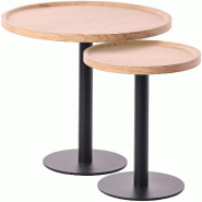 Décoshop26 - Ensemble de tables d'appoint moderne plateau rond en bois clair Ø60cm et Ø40cm pied central en métal noir 10_0009159 - noir métal 30