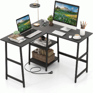 COSTWAY Bureau en L, d'Angle avec Prises et Ports USB, Étagères, pour PC et Bureau, 120x120x75cm, Noir Rustique - noir Bois manufacturé ON32692PQ-PW