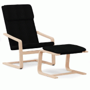 Décoshop26 - Fauteuil lounge chaise de canapé design moderne avec repose-pied en tissu noir et bois DEC026538 - noir Bois massif 3000255874279