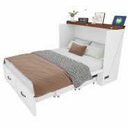 Merax lit escamotable 140x200 cm rangé dans un buffet, lit d'appoint coulissant, prise UE, roulettes, cadre métal, blanc - blanc multi-matériau LDS