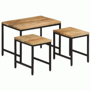 Tables basses gigognes 3pcs bois de manguier massif brut et fer Modèle Ombre Omicron Plus - 372731