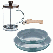 BERGNER - Jeu de 2 Poêles Ø24/28cm en Aluminium Pressé Recyclé Vert avec Manche Amovible avec Cafetière à Piston en Verre Borosilicate 15,8×10�