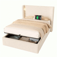 Merax Lit rembourré 90 x 200 cm avec rangement hydraulique, veilleuse LED, ports USB/Type C et housse bouclée beige - beige multi-matériau N634U0099B