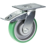 Roulette pivotante/frein de 160mm avec polyuréthane élastique convexe vert sur fonte ce Roulette pivotante/frein de 160mm avec polyuréthane élastique convexe vert sur fonte ce