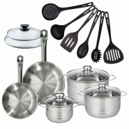 Batterie de cuisine 2 poêles 20/24 cm et couvercles, 3 faitouts 16/20/24 cm et 6 ustensiles Fackelmann Eterna - gris inox 3176239935271