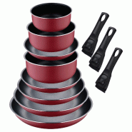 BERGNER Click&Cook - Ensemble de 5 poêles Ø18/Ø20/Ø22/Ø24/Ø26 cm en aluminium embouti rouge et 3 casseroles Ø16/Ø18/Ø20 cm avec poignées amo