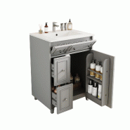 Merax Vasque sur pied 61 x 47 x 87 cm avec vasque en céramique, 3 tiroirs et porte à fermeture amortie, gris - blanc multi-matériau NK000651AAE