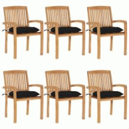 VidaXL Chaises De Jardin Empilables Avec Coussins Lot De 6 Teck Solide - noir 3073274 VidaXL Chaises De Jardin Empilables Avec Coussins Lot De 6 Teck Solide - noir 3073274