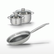 Batterie de cuisine avec 1 poêle de 24 cm et 2 faitouts de 16/20 cm en inox sans PFAS Elo Collection Relief Solution Brillant - gris 3176239941012_0
